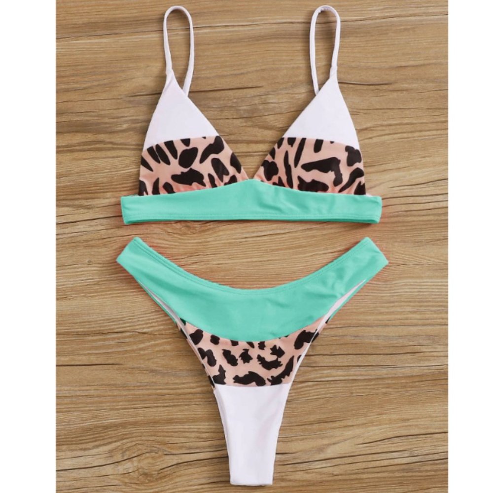 Color Block Leopard Bikini Triangle High Cut 2 Pc